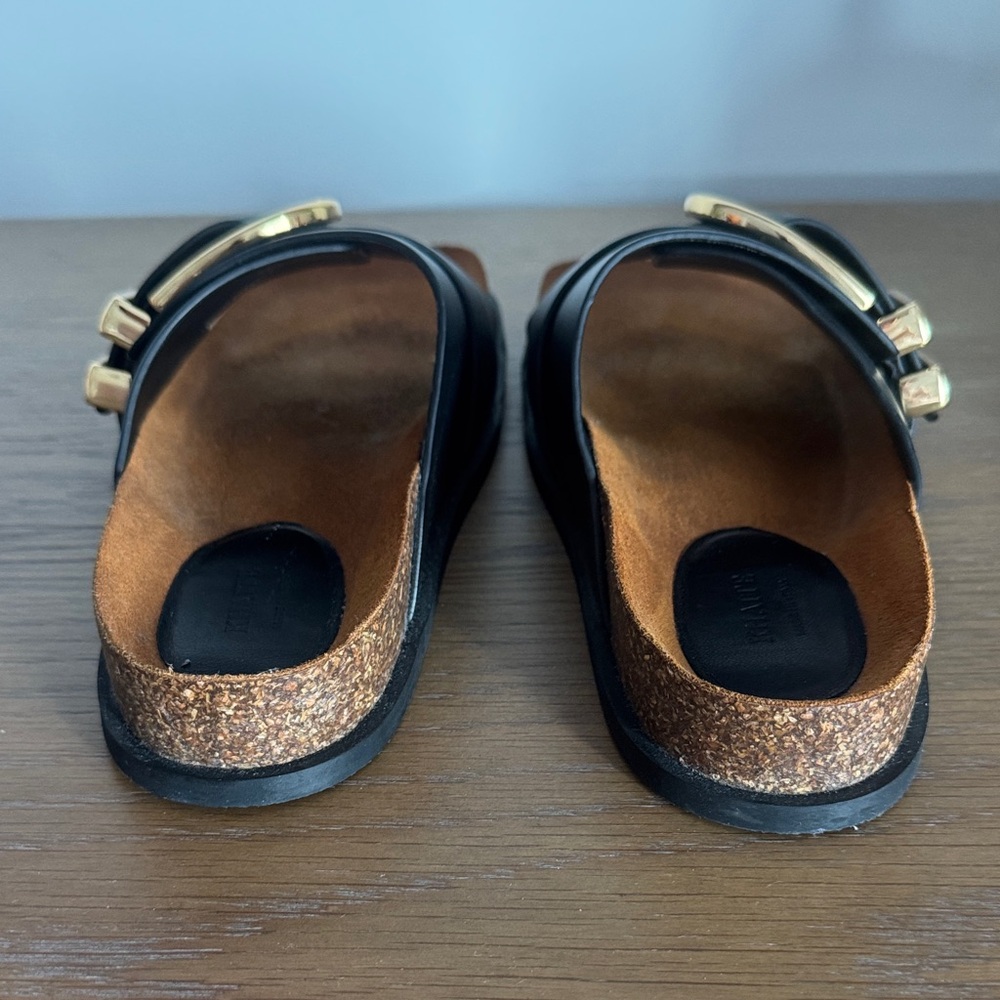 New Khaite Thompson Black Leather Slide Sandals with Gold Buckle - Picture 4 of 7